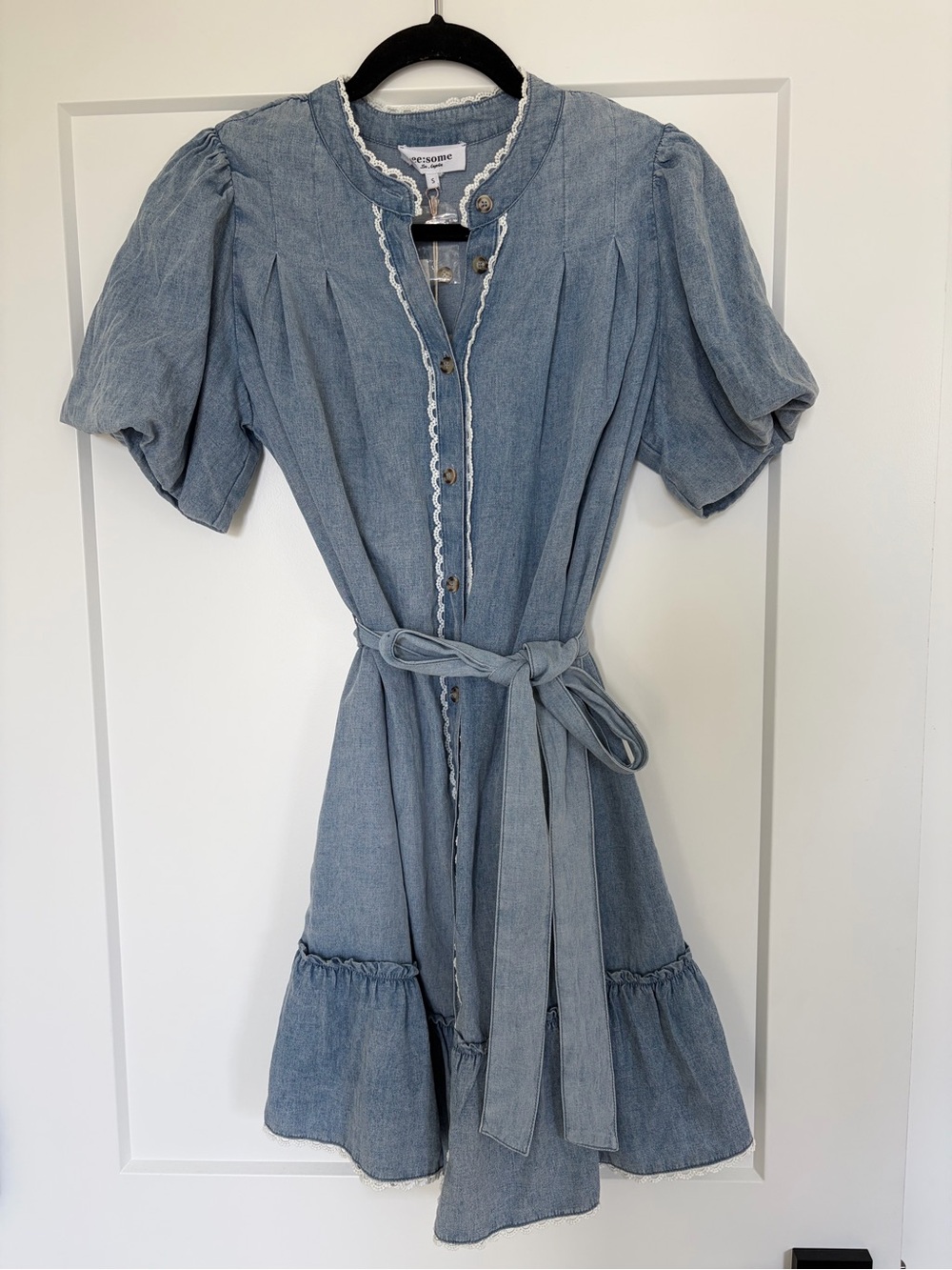 eesome Light Blue Denim Button-Front Mini Dress with Waist Tie
